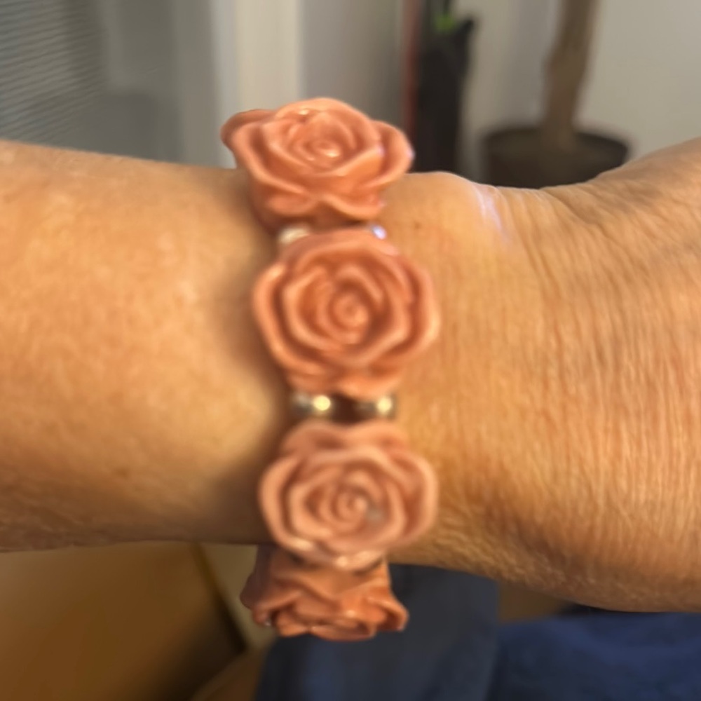 Pink Rose Carved Bracelet with Gold Connectors